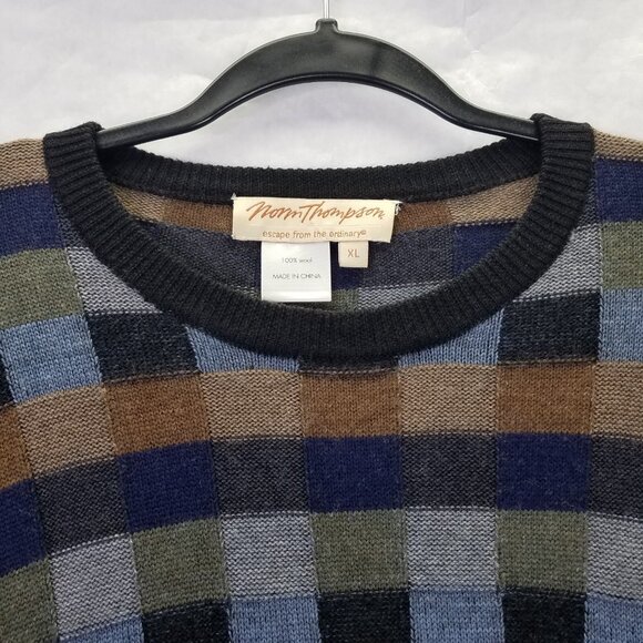 Norm Thompson Wool Sweater Men's XL Colorful 3-D Knit Square Pullover Crewneck - Picture 5 of 11
